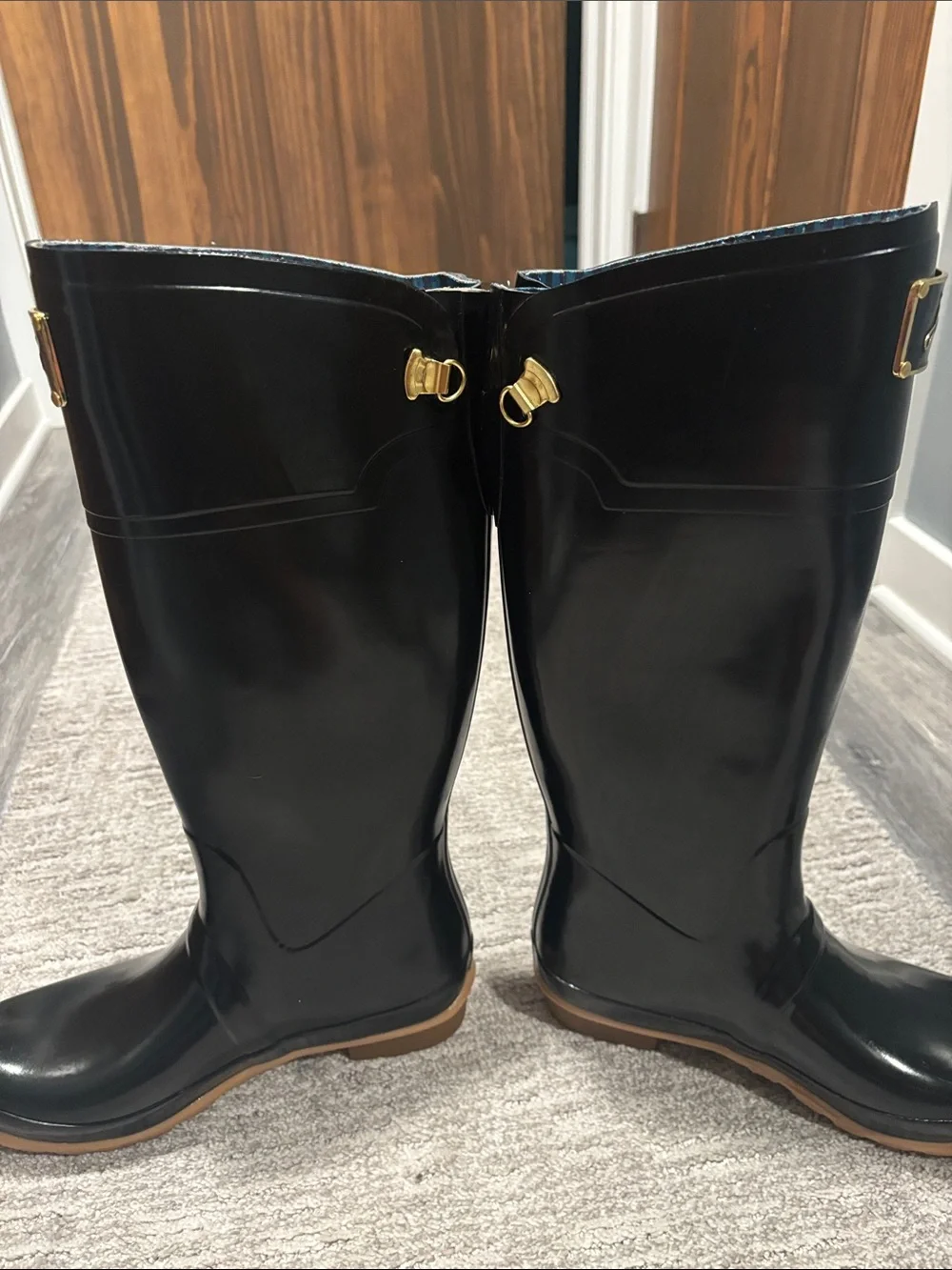 Joules Black Tall Rain Boots with Gold Plaque Accent size 10